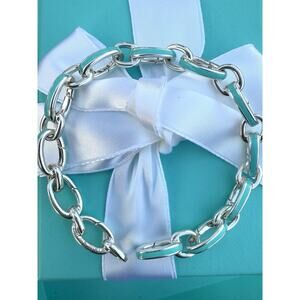 Tiffany Co Silver Blue Enamel Clasping Oval Link bracelet For Charms 8.25” Long